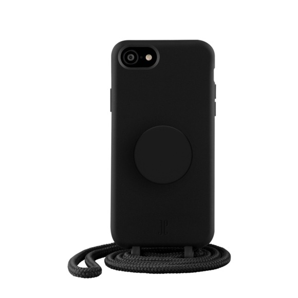 PopSockets - (by Just Elegance) iPhone SE (2022/2020) / 8 / 7 / 6S 3in1 Necklace Gummi Hülle + Handykette (150cm) + PopSockets (30007) - Schwarz