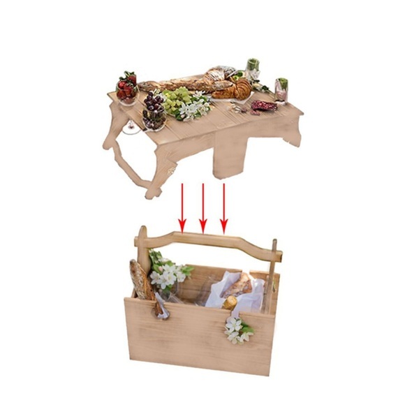 (45x30x11cm) 2in1 Mini Holz Klapp Tisch Picknick Trage Korb - Natur Braun