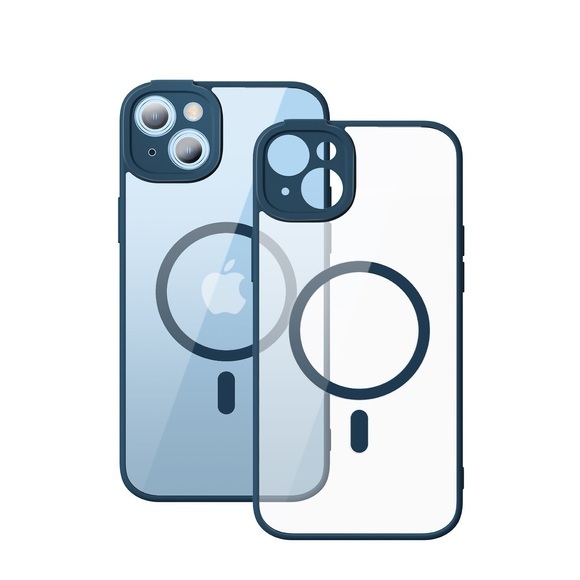 Baseus - iPhone 14 MagSafe Crystal Hardcase Hülle mit Kameraschutz + Display Panzerglas - Transparent / Dunkelblau