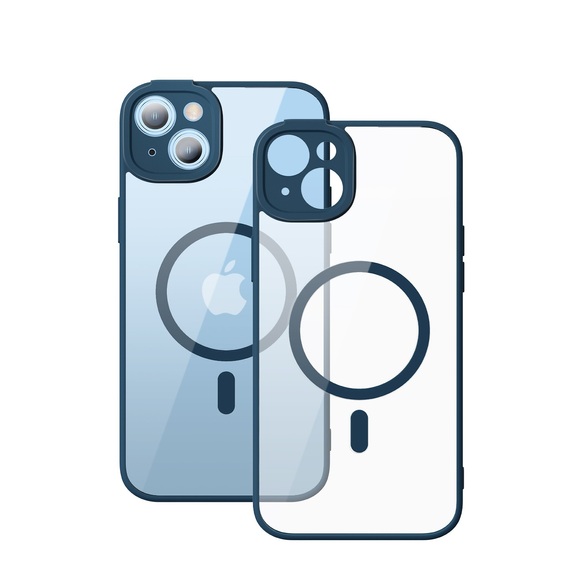 Baseus - iPhone 14 Plus MagSafe Crystal Hardcase Hülle TPU Bumper mit Kameraschutz + Display Panzerglas - Transparent / Dunkelblau