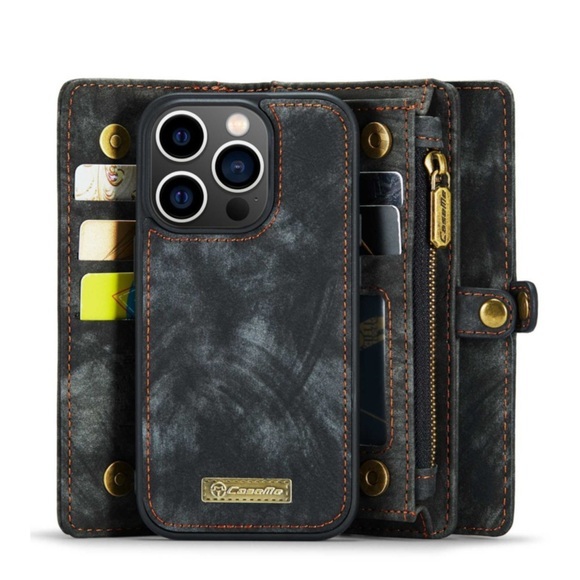 Caseme - iPhone 14 Pro 2in1 Echtleder Tasche + Magnet Hardcase Karten Etui - Schwarz