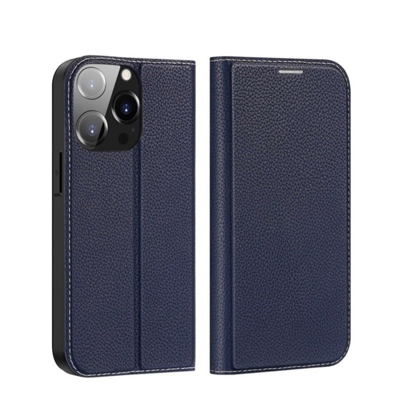 Dux Ducis - iPhone 14 Pro Flip Cover Leder Tasche mit Kartenfächer Litchi Look - Blau