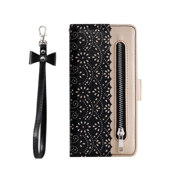Samsung Galaxy A14 5G Leder Tasche Flip Cover mit Reissverschluss - Schwarz / Gold