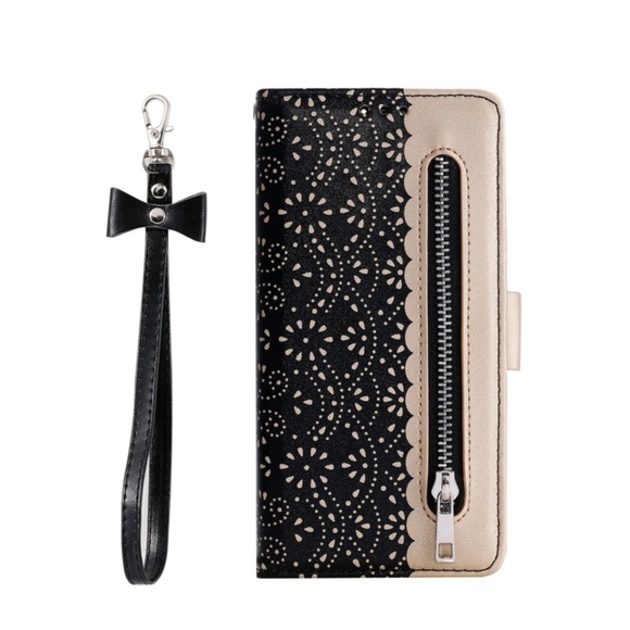 Samsung Galaxy A54 Leder Tasche Flip Cover mit Reissverschluss - Schwarz / Gold