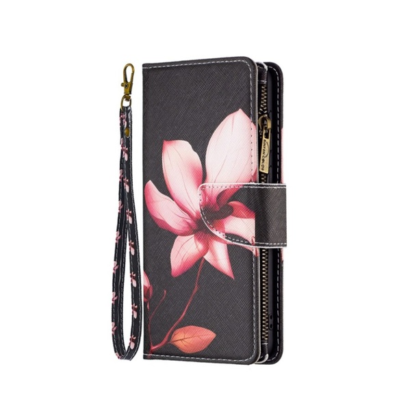 Samsung Galaxy S23 Ultra 5G Leder Wallet Etui Tasche mit 9 Kartenfächern + Münzfach - Pinke Blumen