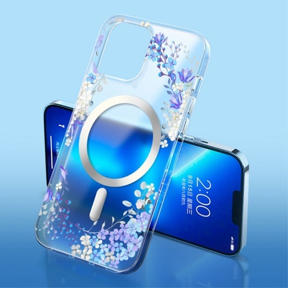 iPhone 14 MagSafe Hybrid Hülle TPU Bumper Acryl Rückseite - Lila Blumen