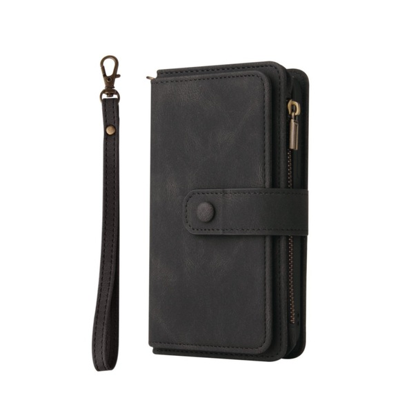 iPhone 14 Leder Wallet Etui Tasche mit 13 Kartenfächern + Münzfach - Schwarz