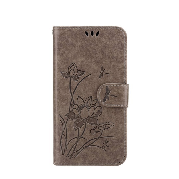 iPhone 14 Leder Tasche Flip Cover Lotus Blumen Imprint - Grau