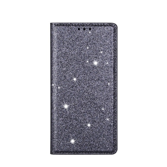 iPhone 14 Plus Flip Wallet Cover Leder Tasche Glitzer Optik - Grau