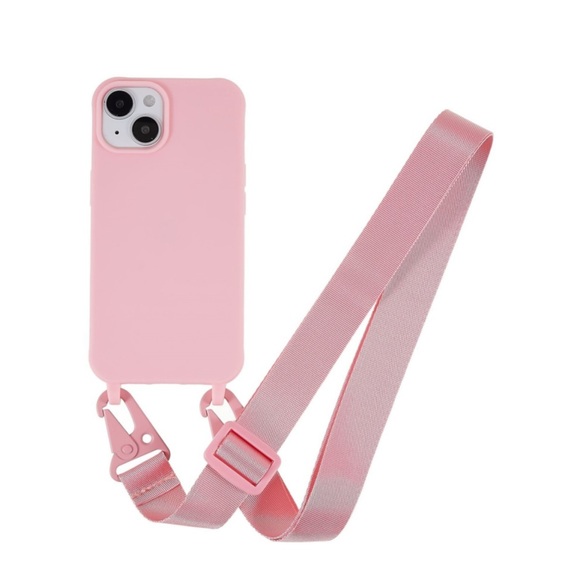 iPhone 14 Necklace Gummi Case Hülle + Handykette Nylon Strap (160cm) - Rosa