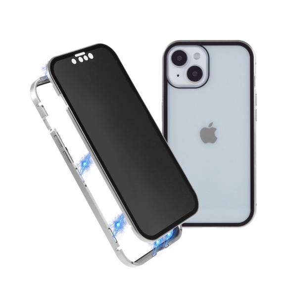 iPhone 14 Plus Magnetische Alu Schutzhülle mit Panzer Glas Backcover + Privacy Glas Displayschutz (Magnet-Technologie) - Silber