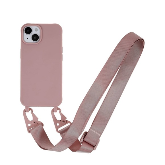 iPhone 14 Plus Necklace Gummi Case Hülle + Handykette Nylon Strap (160cm) - Sandrosa