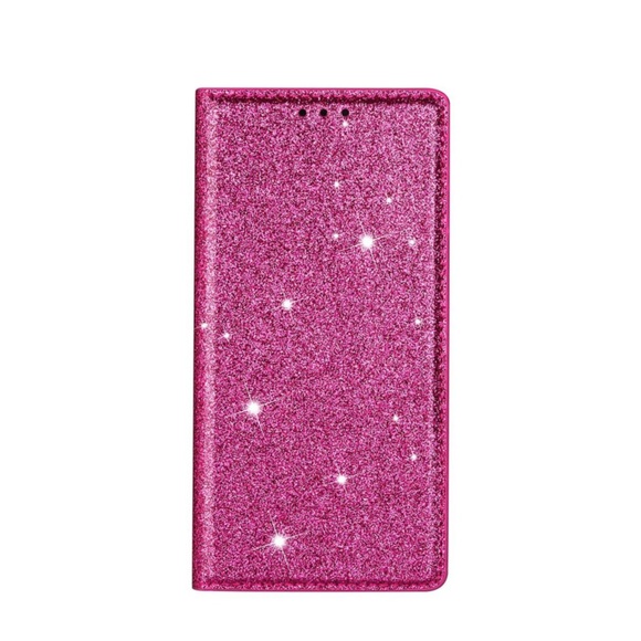 iPhone 14 Pro Flip Wallet Cover Leder Tasche Glitzer Optik - Pink