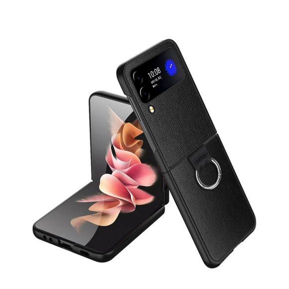 Samsung Galaxy Z Flip4 5G Hardcase Schutzhülle Litchi Look mit Ring - Schwarz
