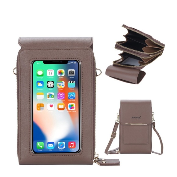 (19.5x11.5cm) Universal Handy Leder Umhänge Tasche mit Sichtfenster - Dunkelbraun
