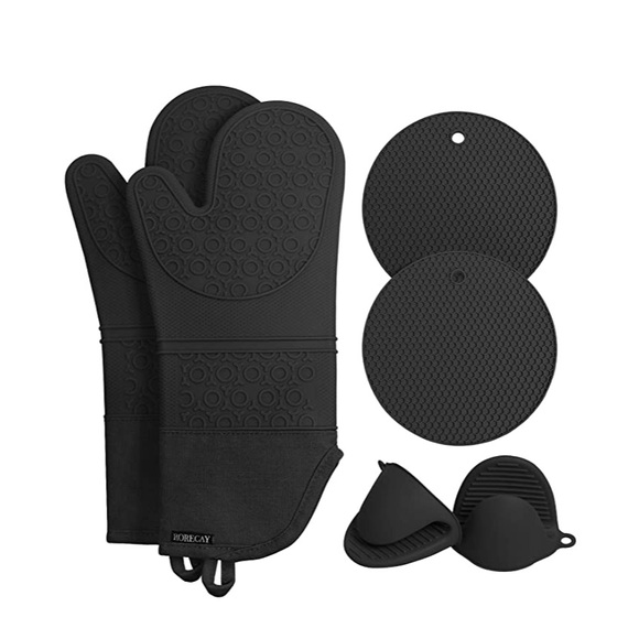 (6-tlg. Set) Hitzebeständige Silikon Ofenhandschuhe Topflappen + Untersetzer - Schwarz
