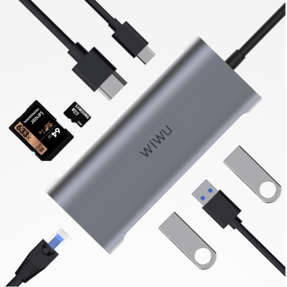 Wiwu - USB C Multiport Adapter mit USB C / 4K HDMI / 3x USB 3.0 / Gigabit Ethernet LAN / SD & Micro SD Kartenlesegerät - Dunkelgrau (Space Grau)