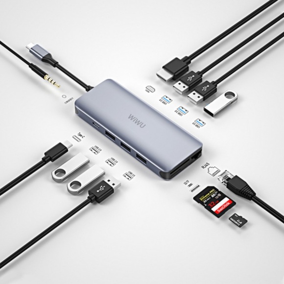 Wiwu - USB C Multiport Adapter mit USB C / 4K HDMI / 3x USB 3.0 / 3 x USB 2.0 / Gigabit Ethernet LAN / 3.5mm Klinke / SD & Micro SD Kartenlesegerät - Dunkelgrau (Space Grau)