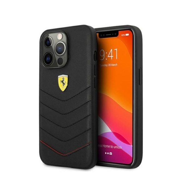 Ferrari - iPhone 13 Pro Echtleder Hardcase Hülle Quilted Red Edge (FEHCP13LRQUK) - Schwarz