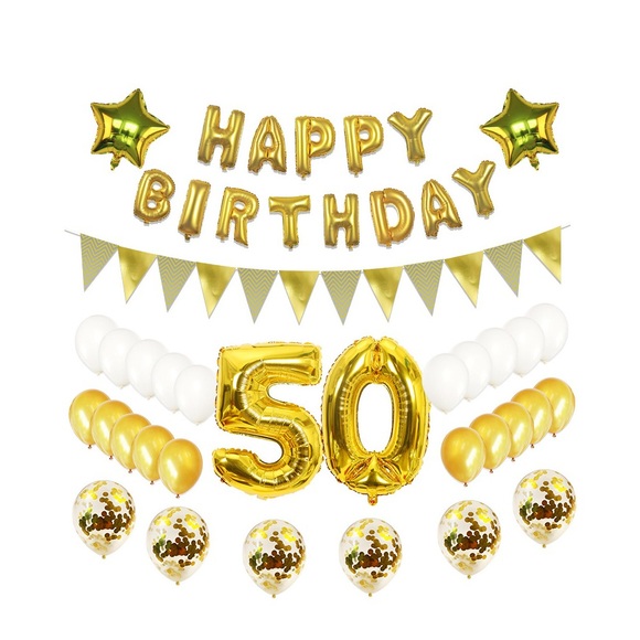 (79-tlg. Set) Happy Birthday Girlande 50. Geburtstag Party Deko + Latex- und Folienballons / Konfetti Ballons / Fahnen Girlande - Gold