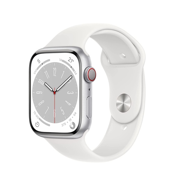 APPLE Watch Series 8 (GPS + Cellular) 45 mm - Smartwatch (Regular 140 - 220 mm, Fluorelastomer, Silver Stainless Steel/White)