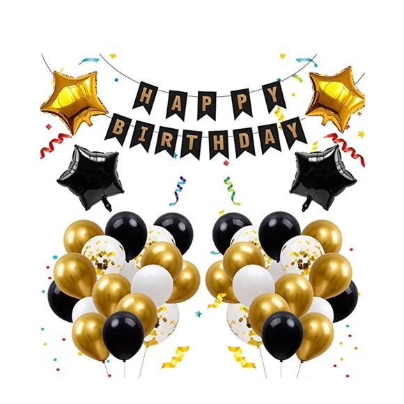 (72-tlg. Set) Happy Birthday Girlande Geburtstags Party Deko + Latex- und Folienballons - Gold / Schwarz