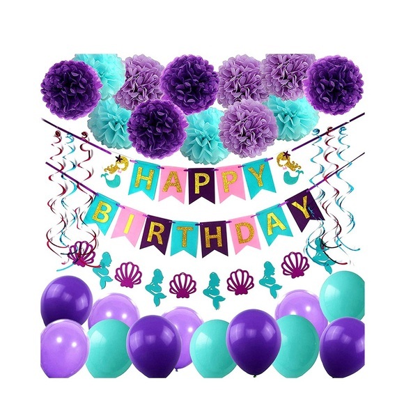 (85-tlg. Set) Happy Birthday Girlande Geburtstags Party Deko Meerjungfrau + Latex Ballons / Papier Lampions / Spiralen Girlanden - Lila / Türkis
