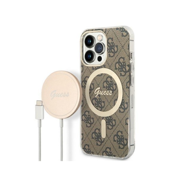 Guess - 2in1 Bundle iPhone 13 Pro Max MagSafe Hardcase Hülle 4G Print + MagSafe USB-C Charger (GUBPP13XH4EACSW) - Braun