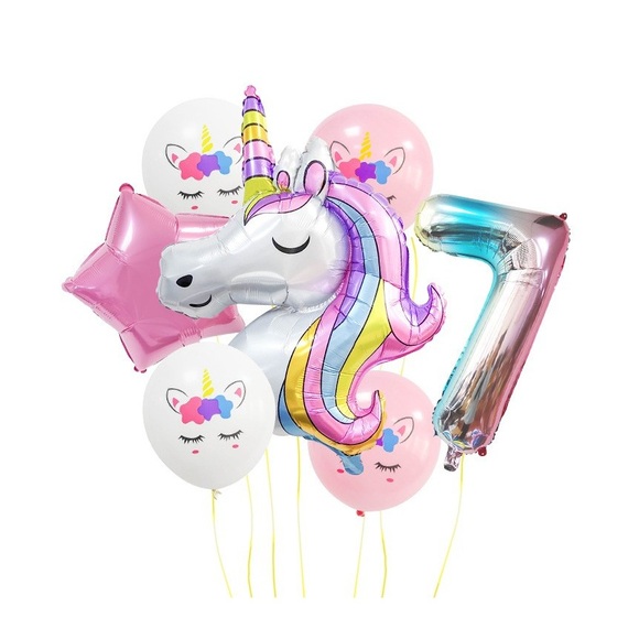 (9-tlg. Set) Zahlen Ballon Geburtstags Party Luftballon Folienballon - Zahl 7 / Einhorn