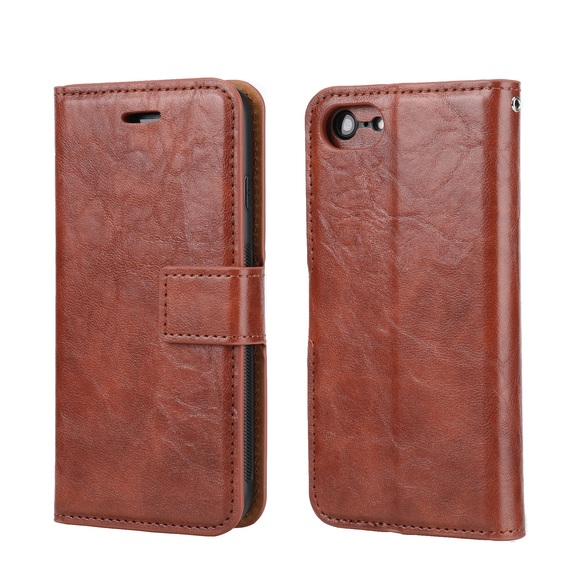 iPhone 8 / iPhone 7 Leder Tasche mit Kartenfächer + Magnetische Schutzhülle - Braun (Glanz)