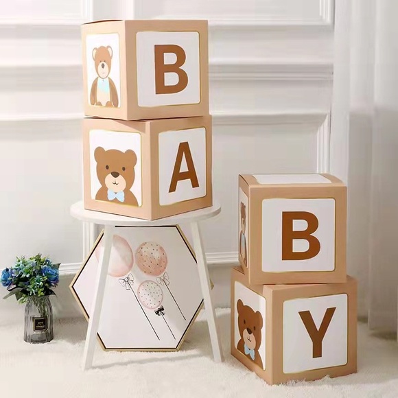 (4-tlg. Set) BABY Buchstaben Boxen Faltbare Deko Papier Kisten Bären Design Party Dekoration - Braun / Weiss