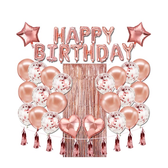 (57-tlg. Set) Happy Birthday Girlande Geburtstags Party Deko + Latex- und Folienballons / Lametta Vorhang / Quasten Girlande - Roségold