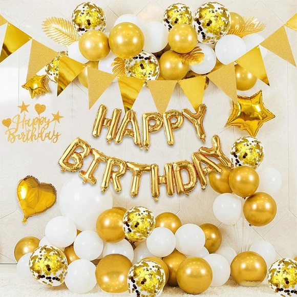 (58-tlg. Set) Happy Birthday Girlande Geburtstags Party Deko + Latex- und Folienballons / Fahnen Girlande / Kuchenstecker - Gold