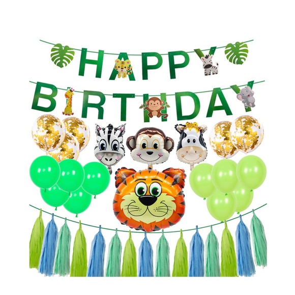 (60-tlg. Set) Happy Birthday Girlande Safari Tiere Party Deko + Latex- & Folienballons / Quasten Girlande - Grün / Blau / Orange