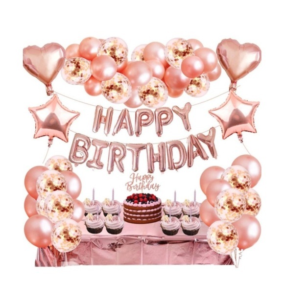 (76-tlg. Set) Happy Birthday Girlande Geburtstags Party Deko + Latex- und Folienballons / Tischtuch - Roségold