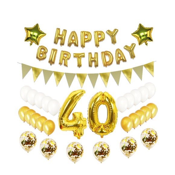 (79-tlg. Set) Happy Birthday Girlande 40. Geburtstag Party Deko + Latex- und Folienballons / Konfetti Ballons / Fahnen Girlande - Gold