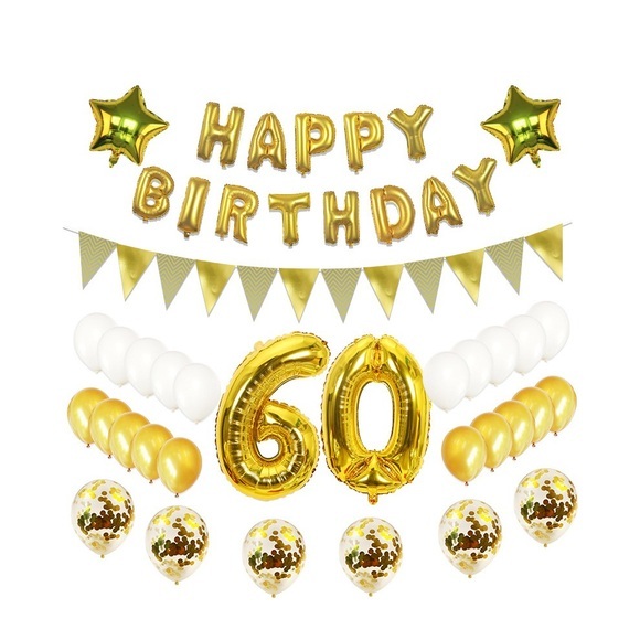 (79-tlg. Set) Happy Birthday Girlande 60. Geburtstag Party Deko + Latex- und Folienballons / Konfetti Ballons / Fahnen Girlande - Gold