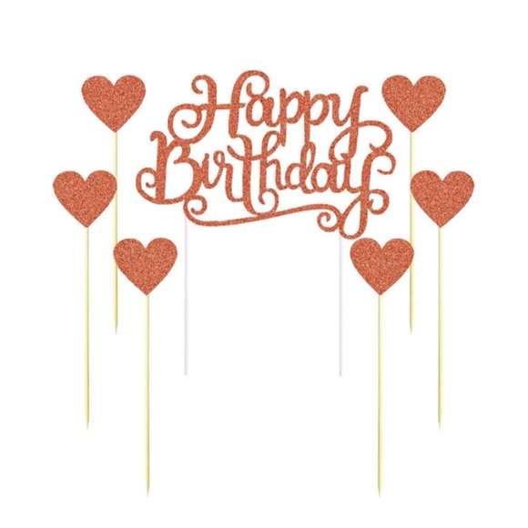 (7er Set) Kuchenstecker Happy Birthday / Herz Tortenstecker Topper Dekoration für Torten / Kuchen - Roségold