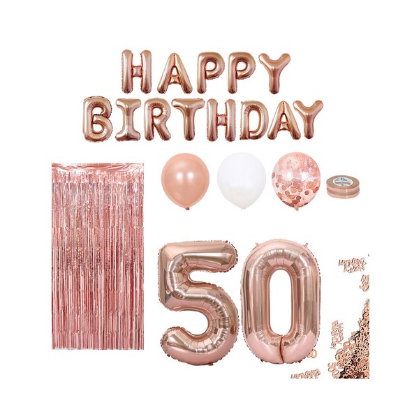 (86-tlg. Set) Happy Birthday Girlande 50. Geburtstag Party Deko + Ballons / Streukonfetti / Lametta Vorhang - Roségold