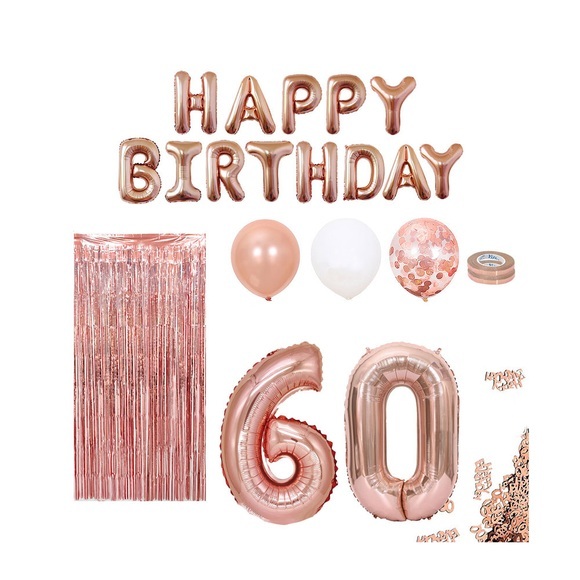 (86-tlg. Set) Happy Birthday Girlande 60. Geburtstag Party Deko + Ballons / Streukonfetti / Lametta Vorhang - Roségold