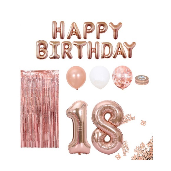 (86-tlg. Set) Happy Birthday Girlande 18. Geburtstag Party Deko + Ballons / Streukonfetti / Lametta Vorhang - Roségold