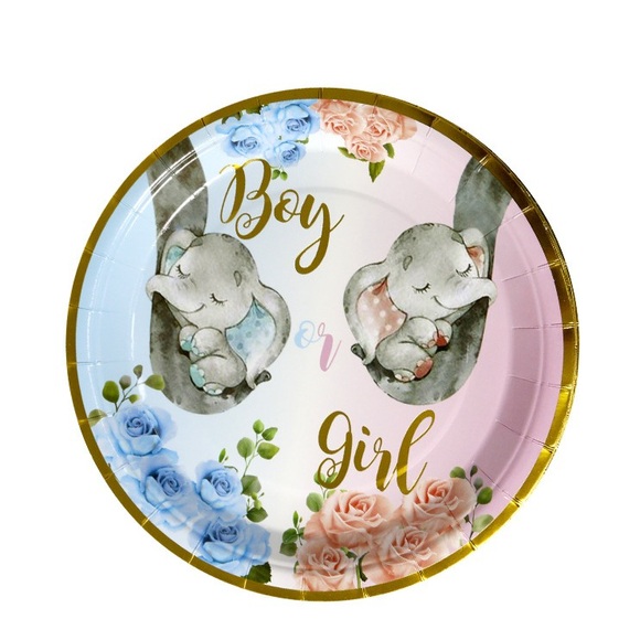 (10er Set) Ø23cm Einweg Teller Party Geschirr Tisch Dekoration - Gender Reveal / Elefant