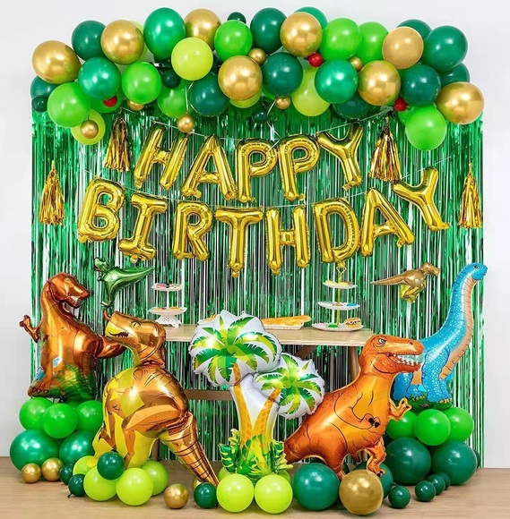 (114-tlg. Set) Happy Birthday Girlande Geburtstags Party Deko Dinosaurier + Latex- und Folienballons / Lametta Vorhang / Quasten Girlande - Grün