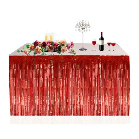 (275x75cm) Tisch Deko Lametta Vorhang Glänzend für Party / Geburtstag / Weihnachten / Silvester - Rot