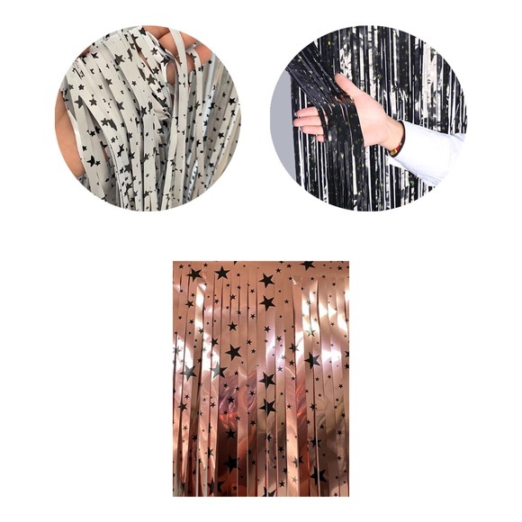 (2x1m) Deko Lametta Vorhang Sternen Design für Party / Geburtstag / Weihnachten / Silvester - Roségold / Schwarz