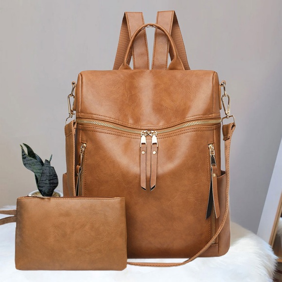 (34x24x12cm) Mini Leder Rucksack Fashion Schulter Tasche + Necessaire - Braun