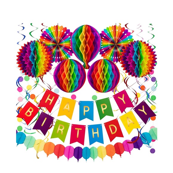 (37-tlg. Set) Happy Birthday Girlande Geburtstags Party Deko + Papier Wabenkugeln / Spiralen Girlanden - Bunt