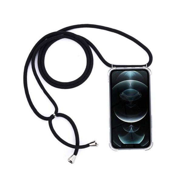 Apfelkiste © - iPhone 12 Pro Max Necklace Gummi Hülle Air Cushion Fallschutz + Handykette (150cm) - Schwarz / Silber