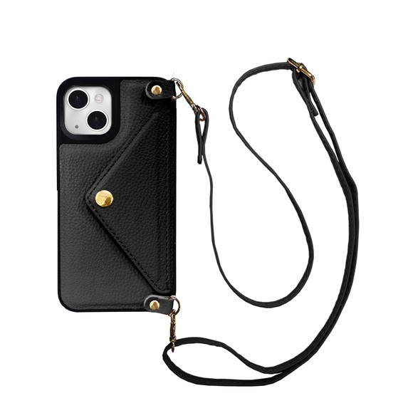 Apfelkiste © - iPhone 13 Necklace Leder Schutz Hülle mit Kartenfach + Handykette (120cm) - Schwarz