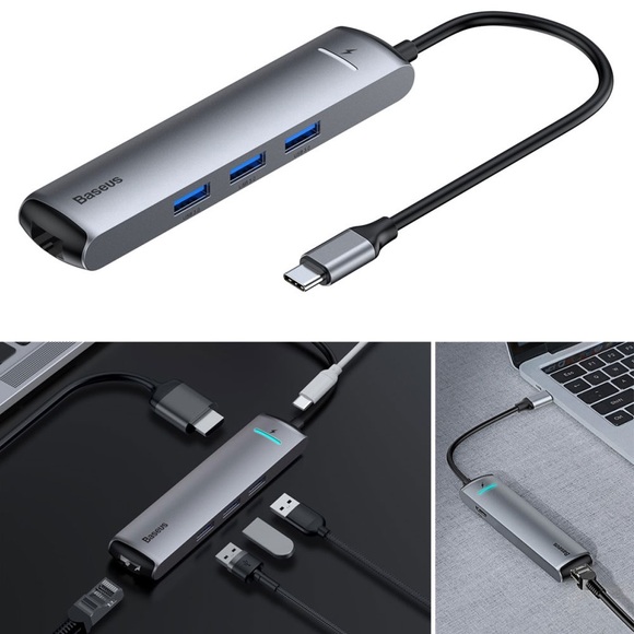 Baseus - USB C Multiport Adapter mit USB C / 4K HDMI @30Hz / 3x USB 3.0 / Gigabit Ethernet - Dunkelgrau